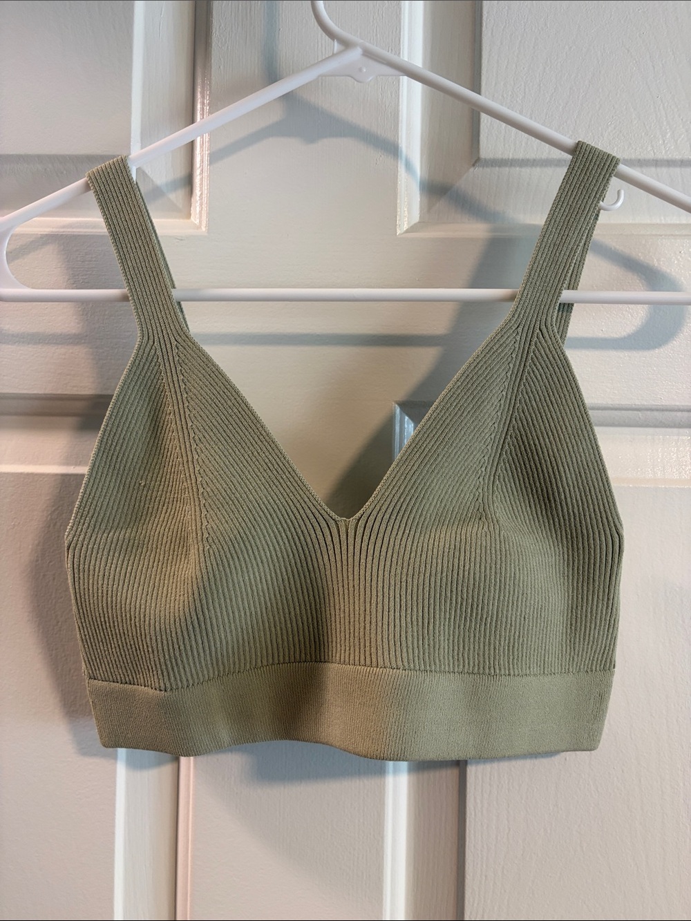 Ribbed V-Neck Seamless Knit Bralette Top in Sage Green